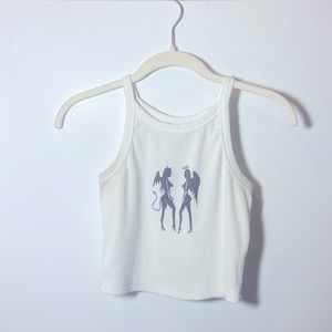 White crop tank top. Devil and angel on front. Size:Small